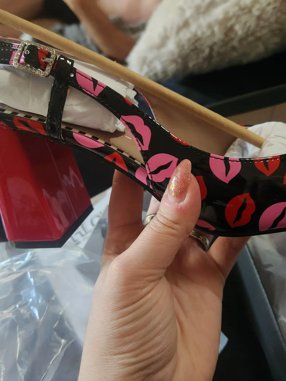 Betsey Johnson Black Patent Kiss Print Heels with Red Lip Accent